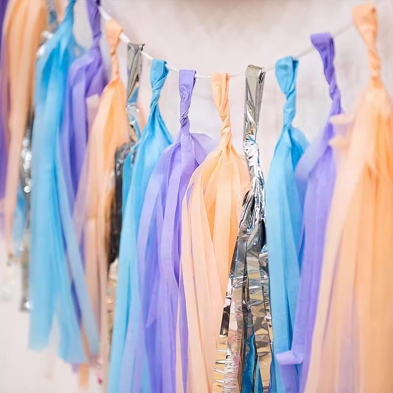 Pink Blue and Silver Tissue Paper Tassel Banner for Gender Reveal Birthday,Baby Shower Party Decorations,15 Pcs