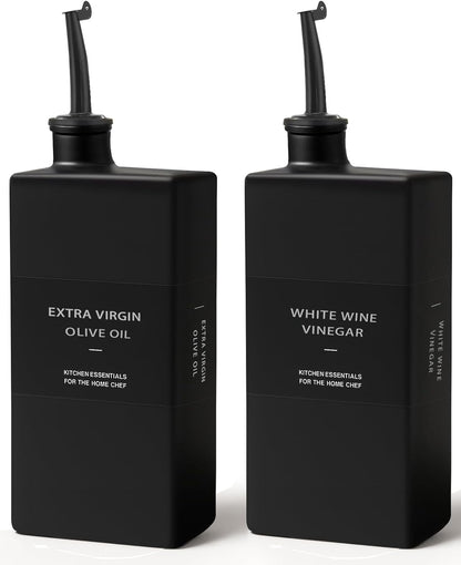 Olive Oil Dispenser Bottle for Kitchen 16.9oz, Glass Oil Bottles and Vinegar Dispenser Set, Decorative Avocado Oil Dispenser Set (Black, Set of 2)