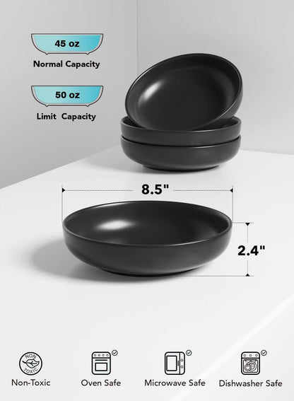 LE TAUCI Pasta Bowls 45 oz, Salad Bowls Set for Serving Soup, Pasta, Noodle, Dinner, Large Kitchen Bowl Plates, Microwave Safe - 8.5 Inch, Set of 4, Matte Black