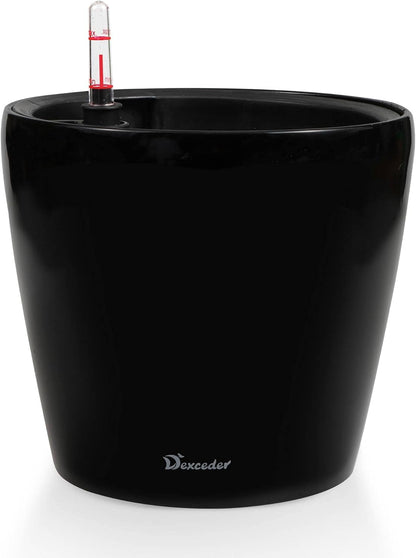 Dexceder 9x8 Inches High Gloss Self Watering Planter Indoor Outdoor, Inner Pot Design, Thickened Table Flower Plant Pot with Water Level Indicator (Black)