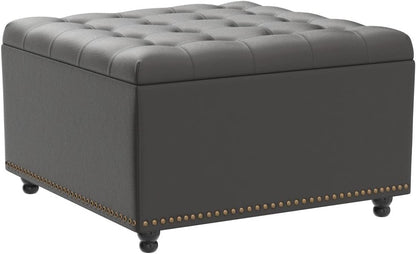Tbfit Large Square Storage Ottoman Bench, Button Tufted Coffee Table, Oversized Storage Ottomans Toy Box Footrest for Living Room, Black