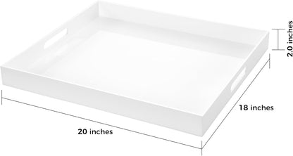 White Rectangular 18x20 Inches Acrylic Ottoman Tray Decorative Serving Tray with Cutout Handles Organizer Tray on Coffee Table Countertop Big Breakfast Bed Tray Living Room Appetizer Serving Food