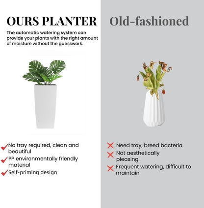 30in Tall Large Plant Pots Planter-Self-Watering Indoor/Outdoor Planting with Drain Holes, Water Level Monitor, Inner Bucket for Front Porch Patio, White Large