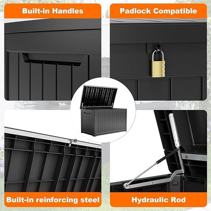 230 Gallon Resin Deck Box, Lockable Patio Outdoor Storage Box for Furniture, Garden Tools and Tools Storage, Waterproof Outside Storage Boxes - Black