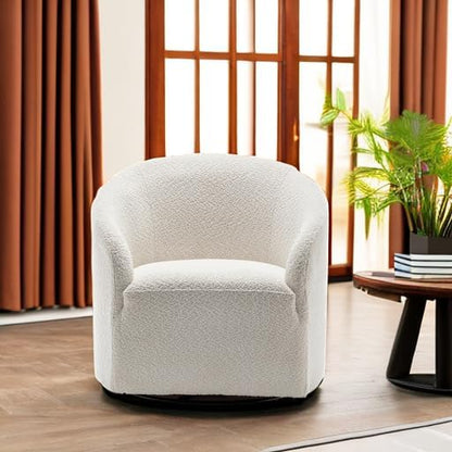 KINWELL 32" Wide Modern Boucle Swivel Barrel Chair, No Assembly Round Upholstered Swivel Accent Armchair for Living Room, Bedroom, Office (White)