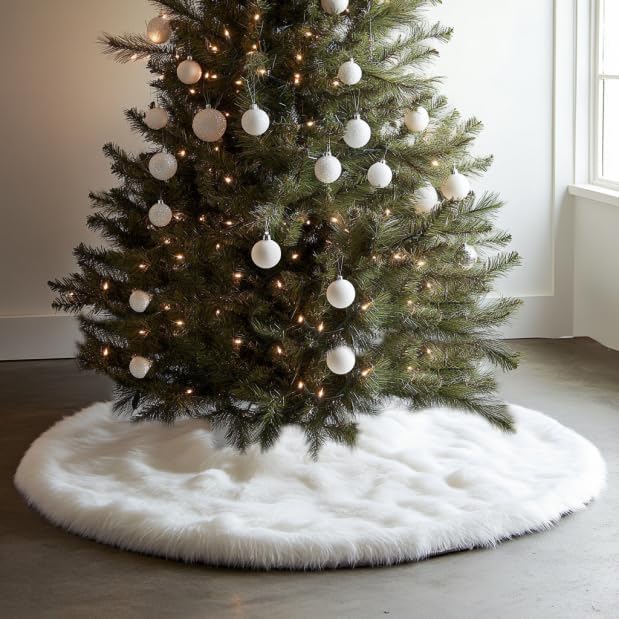 AOGU 60 Inch Faux Fur Christmas Tree Skirt White Plush Skirt for Merry Christmas Party Christmas Tree Decoration