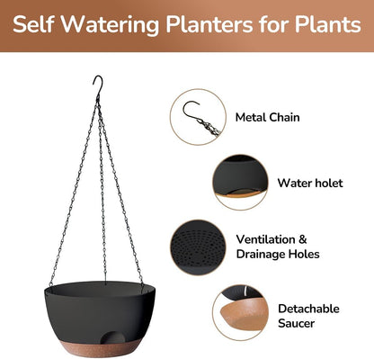 12 Inch Hanging Baskets for Plants Outdoor, Hanging Planters for Indoor Outdoor Plants, Hanging Planter with Self Watering, Hanging Flower Pots (Black)