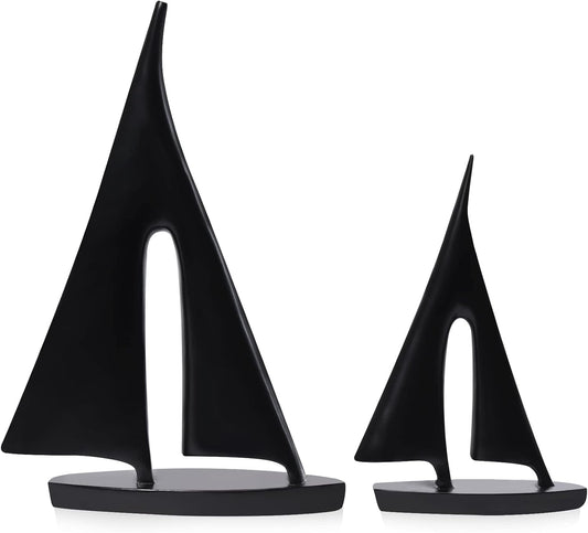 Modern Sculptures Home Decor, Sailboat Decor Ornament, Boat Decorations Statue Decor, Art Sculptures and Statues, Sailboat Gifts Home Office Bathroom Shelf Decor (Black-2 Pack)