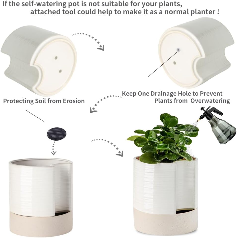 Nihow Self Watering Plant Pot: 8 Inch Ceramic Planter with Drainage Hole & Water Storage Plus for Indoor & Outdoor Plants - Cylinder Round Flower Pot for Succulent/Herbs/Violets - Cream White & Brown