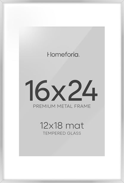 Homeforia 16x24 Silver Picture Frames, High End Metal 16x24 Poster Frame with Mat 12x18 in Photo, 16 x 24 Silver Frame Matted to 12 by 18 Print, 24x16 Hanging Frame, Tempered Glass, Wall Kit, Set of 1