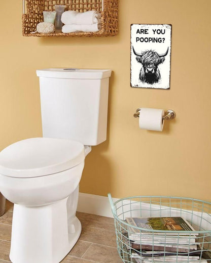 ALKB Funny Highland Cow Are You Pooping Metal Signs Vintage Farmhouse Bathroom Wall Decor Highland Cow Lovers Gift 8 x 12 Inch