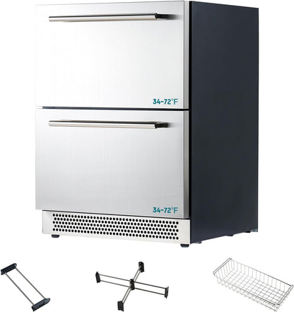 Albott 24 Inch Under Counter Drawer Fridge ??Stainless Steel Beverage Refrigerator with Dual Drawers, LED Touch Control, Adjustable Storage, Frost-Free, Low Noise, 34-72?? for Indoor or Outdoor Use