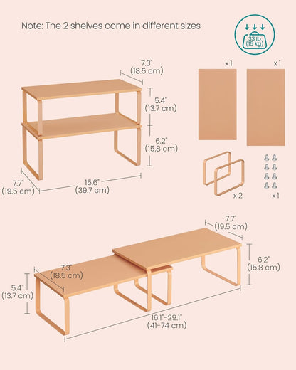 SONGMICS Cabinet Organizer Shelf, Set of 2 Kitchen Counter Shelves, Kitchen Storage, Spice Rack, Stackable, Expandable, Metal and Engineered Wood, Apricot UKCS200Y01