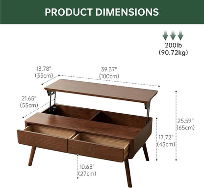 Solid Oak Wood Lift Top Coffee Table for Living Room, Mid Century Modern Tables with Drawers and Large Storage, Coffee Tables for Small Spaces (Oak Walnut Color, 39.37" W x 21.65" D x 25.59" H)