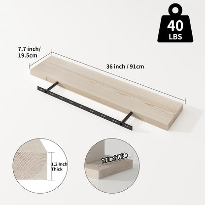 SAUMONIERES Floating Shelves 8 Inch Deep Solid Wood Wide Wall Shelf Set of 2 Wall Mounted for Bedroom Bathroom Living Room Kitchen, 36 Inch Natural
