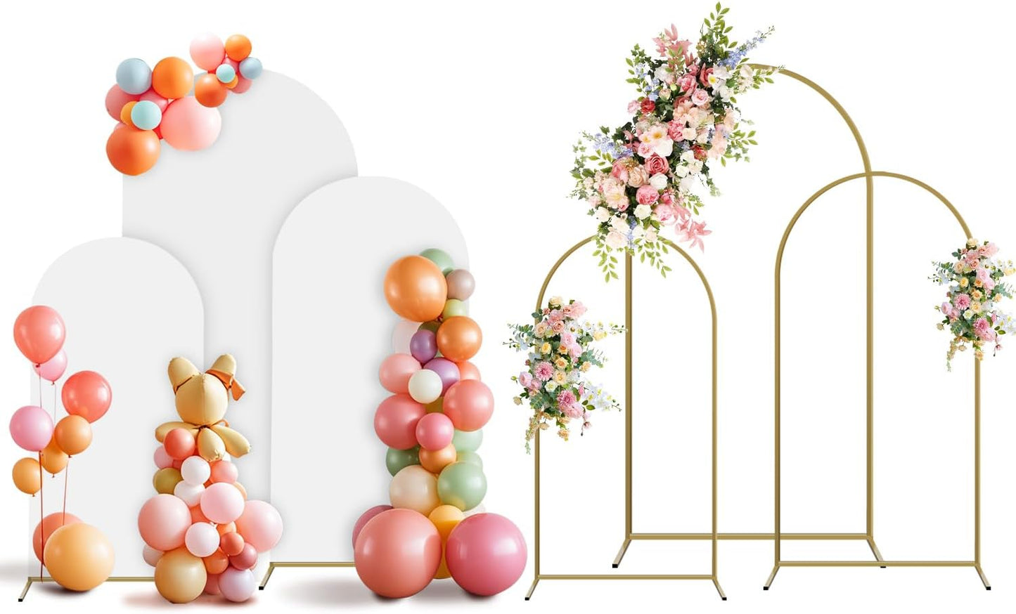 Arch Backdrop Stand and Cover Set, 3 Metal Balloon Arch Backdrop 4ft 5ft 6ft, Gold Arched Stand Frame for Wedding, Parties,Birthday, Backdrop Decorations (White,4ft+5ft+6ft)
