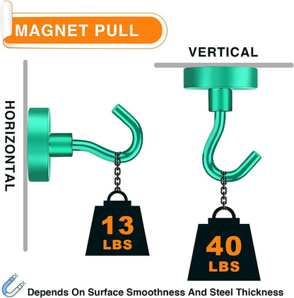 MIKEDE Magnetic Hooks, 40Lbs+ Heavy Duty Magnet Hooks for Cruise Cabins, Super Neodymium Hanging Hooks Strong Magnets with Hook for Fridge, Magnetic Hanger for Grill, Toolbox, Storage(Green, 10 Pack)