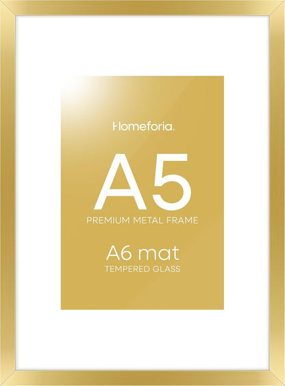 Homeforia A5 Picture Frame Gold, High End Metal 5.8 x 8.3 Frames Matted to 4.1 by 5.8 inch Photo, A5 Frame with Mat A6, 5.8x8.3 Poster Frames, 8.3x5.8 Display Frame, Tempered Glass, Wall Kit, Set of 1