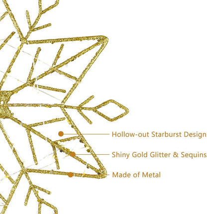 hogardeck Christmas Tree Topper, 10 Inches Lighted Gold Snow Tree Topper, 20 LED Lights Gold Glitter Powder Snowflake Tree Toppers Christmas Decorations, Battery Powered Timer Xmas Treetop Star Decor