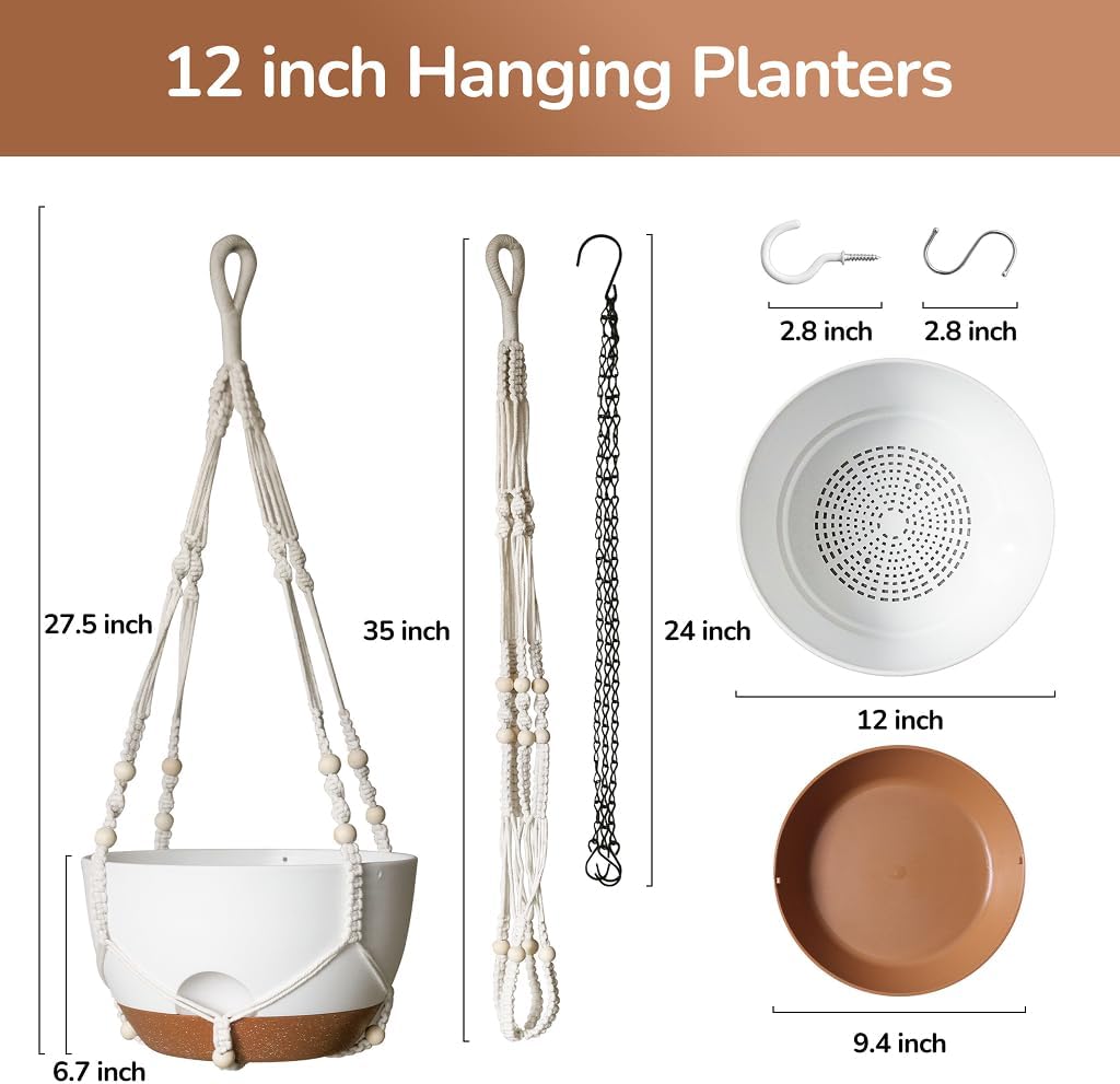 12 Inch Hanging Baskets for Plants Outdoor, Hanging Planters for Indoor Outdoor Plants, Hanging Planter with Self Watering, Hanging Flower Pots (White Planter with Macrame + Iron Hangers)