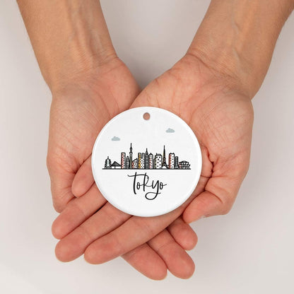 Andaz Press Round Ceramic Porcelain Christmas Tree Ornament Keepsake Gift, Tokyo, Colorful International City Skyline Graphic, 1-Pack, Birthday Ideas Family Coworker Him Her, Gift Box