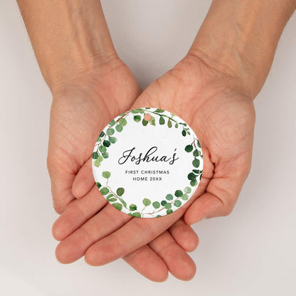 Andaz Press Personalized Round Ceramic Porcelain Christmas Tree Ornament Keepsake Collectible Adoption New Baby Gift, Joshua's First Christmas Home 2025, Farmhouse Eucalyptus Wreath, 1-Packs