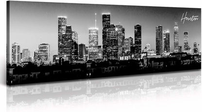 DJSYLIFE Houston Skyline Canvas Wall Art Decor Black & White City Pictures Painting Texas Cityscape Photo Print Artwork for Office Bedroom Living Room Walls Decoration Ready to Hang 13.8"x47.3"