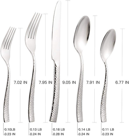 Silverware 45-Piece Silver Hammered Flatware Set with Serving Utensils Stainless Steel Thick Handle Mirror Polished Cutlery Set for Wedding Hotel Restaurant, Service for 8