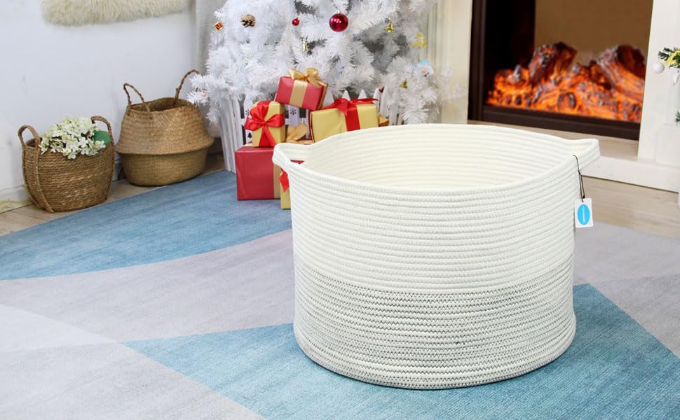 Casaphoria XXXLarge Cotton Rope Basket 21.7" x 21.7" x 13.8" Woven Laundry Basket for Blankets