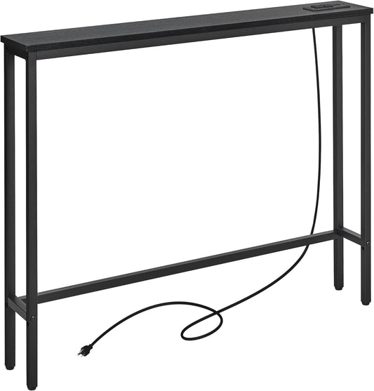 ELYKEN 5.9" Narrow Console Sofa Table with Power Outlets, 5.9" Dx39.4 Wx31.1 H Long Black Behind Couch Table with Metal Frame and Charge Station with 6.5’ Extension Cord
