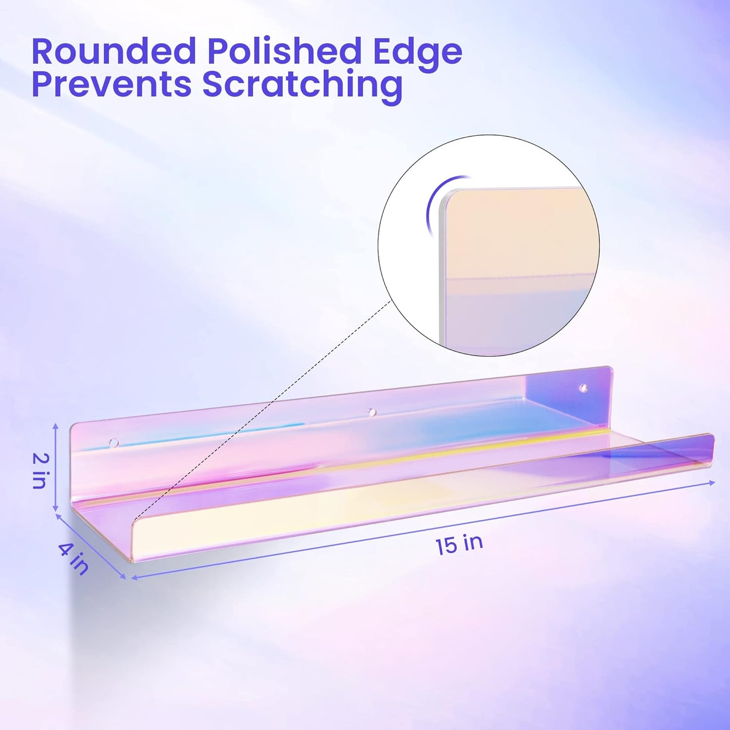 upsimples Acrylic Shelves for Wall Decor, 15" Display Shelf for Perfume, Skincare, Nail Polish, Wall Organizer for Bathroom, Bedroom, Living Room, Playroom, Kids Bookshelf, Iridescent, 2 Pack