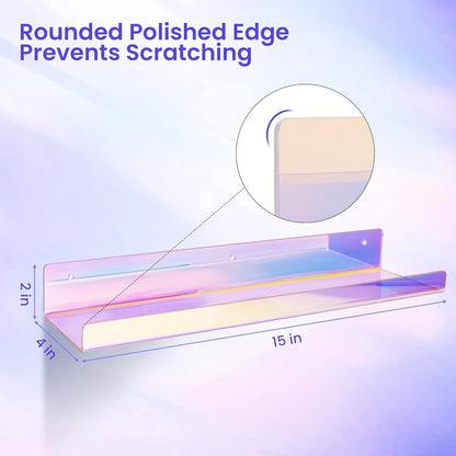 upsimples Acrylic Shelves for Wall Decor, 15" Display Shelf for Perfume, Skincare, Nail Polish, Wall Organizer for Bathroom, Bedroom, Living Room, Playroom, Kids Bookshelf, Iridescent, 2 Pack