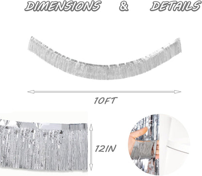 Silver Foil Fringe Garland 10FT 6packs, Metallic Foil Tinsel Fringe Banners for Parade Float Decorations Wedding, Birthday Party Graduation (six Silver)