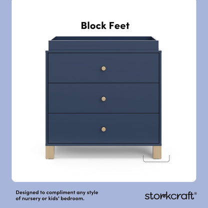 Storkcraft California 3-Drawer Chest with Removable Changing Topper (Midnight Blue with Driftwood) – GREENGUARD Gold Certified, Interlocking Drawer System, Pre-Installed Tracks, Easy Assembly