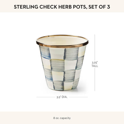 MACKENZIE-CHILDS Enamel Herb Pots, Small Plant Pots for Herbs or Flowers, Set of 3, Gray-and-White Sterling Check