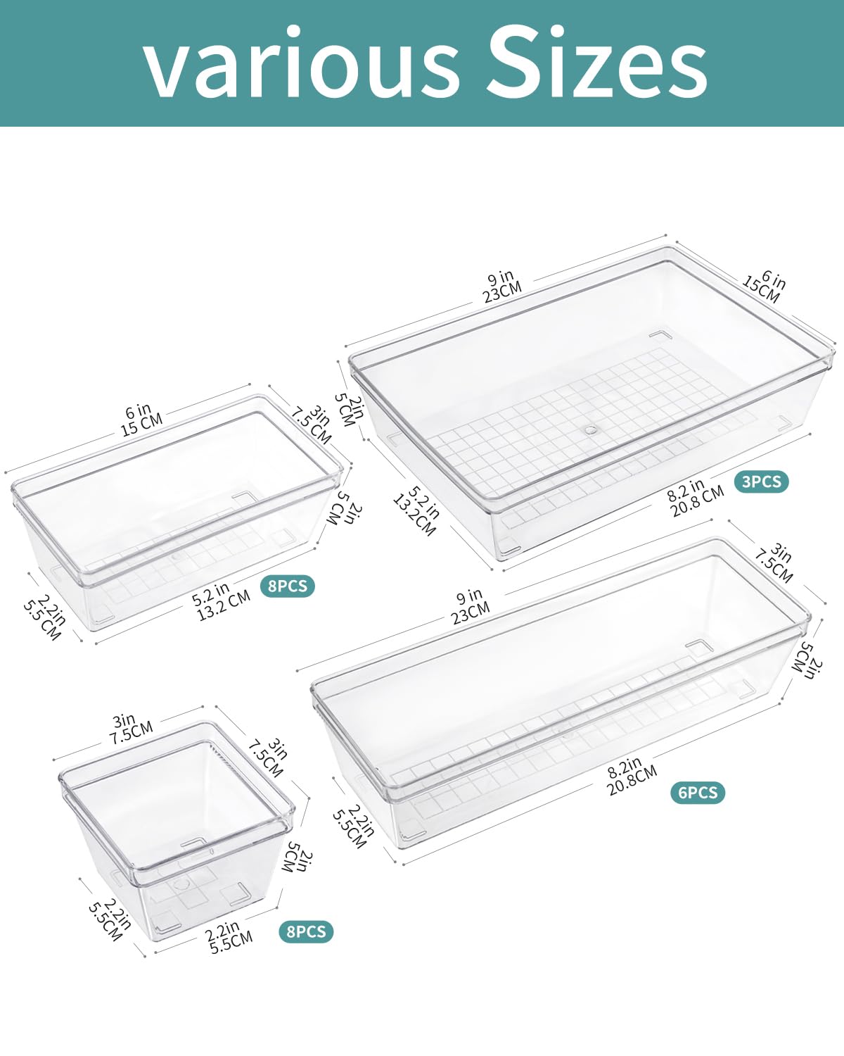 Sodynee Clear Plastic Drawer Organizer Storage - 25Pcs 4 Size Desk Bathroom Kitchen Organizers and