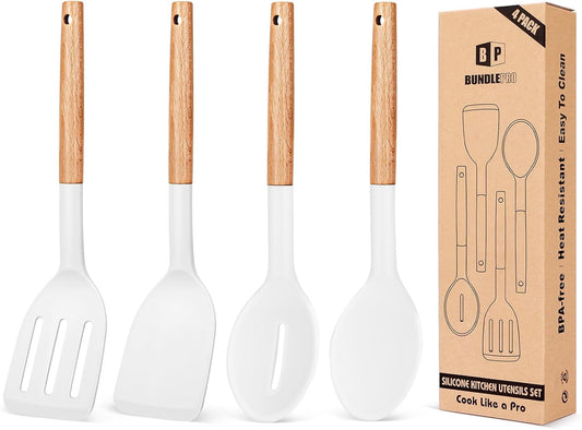 Pack of 4 Silicone Cooking Utensils Set, Non Stick Solid Spatulas and Heat Resistant Slotted Spoons