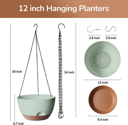 12 Inch Hanging Baskets for Plants Outdoor, Hanging Planters for Indoor Outdoor Plants, Hanging Planter with Self Watering, Hanging Flower Pots (Green)