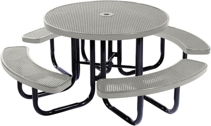 Heavy-Duty Portable Outdoor Picnic Table with Umbrella Hole, Punched Steel Commercial-Grade Patio Dining Furniture Made in America (46" Round Top, Grey)