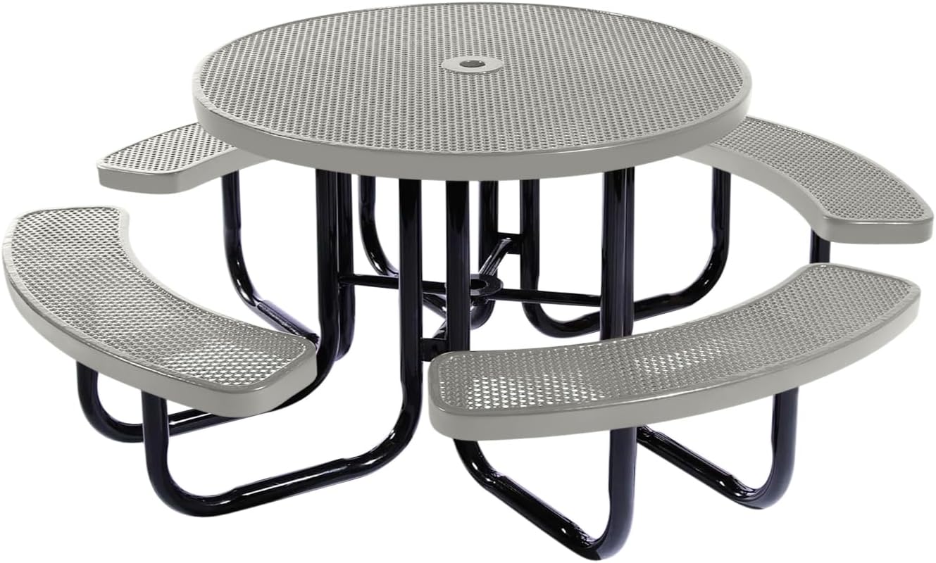 Heavy-Duty Portable Outdoor Picnic Table with Umbrella Hole, Punched Steel Commercial-Grade Patio Dining Furniture Made in America (46" Round Top, Textured Grey)