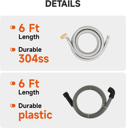 Roastove Universal Dishwasher Installation Kit,6 Ft Stainless Steel Dishwasher Hose,Burst Proof Water Supply Line with 3/8" Compression Connections,With a 6 feet drain hose and a clamp, one set