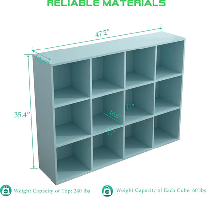 12-Cube Storage Shelf Bookcase - Wooden 3-Tier Floor Standing Open Bookshelf for Home and Office, Display Cabinet, Light Blue