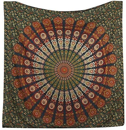 Bless International Handmade Indian hippie Bohemian Psychedelic Peacock Mandala Wall hanging College Dorm Beach Throws Table Cloth Bedding Tapestry (Golden Green, Queen(84x90Inches)(215x230Cms))
