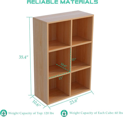 6-Cube Storage Shelf Bookcase - Wooden 3-Tier Floor Standing Open Bookshelf for Home and Office, Display Cabinet, Oak