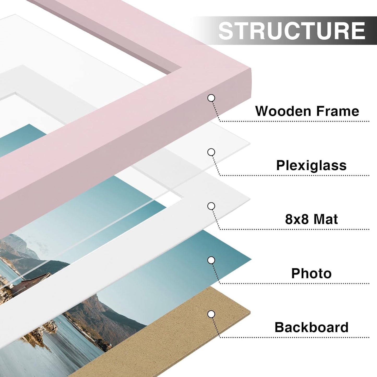 Vittanly 12x12 Picture Frame Set of 9 - Display 8x8 Photos with Mat or 12x12 Without Mat, Wall Mount Frames for Home Decor, Horizontal or Vertical (Pink)