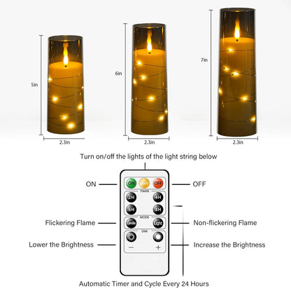 Flickering Flameless LED Candles, 9 Pcs with Embedded Star String, Acrylic LED Pillar Candles with Remote, Suitable for Home Decoration (Grey)