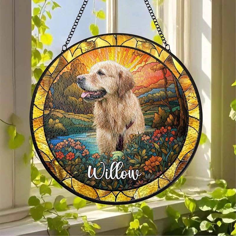 Personalized Stained Glass Suncatcher with Dog Portrait & Name, Custom Window Hanging, Pet Loss Memorial Gift, Dog Lover Keepsake, Unique Decorative Home Decor for Pet Parents