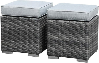 Patiorama 2 Pieces Assembled Outdoor Patio Ottoman, Indoor Outdoor All-Weather Grey Wicker Rattan Outdoor Footstool Footrest Seat with Light Grey Cushions, No Assembly Required