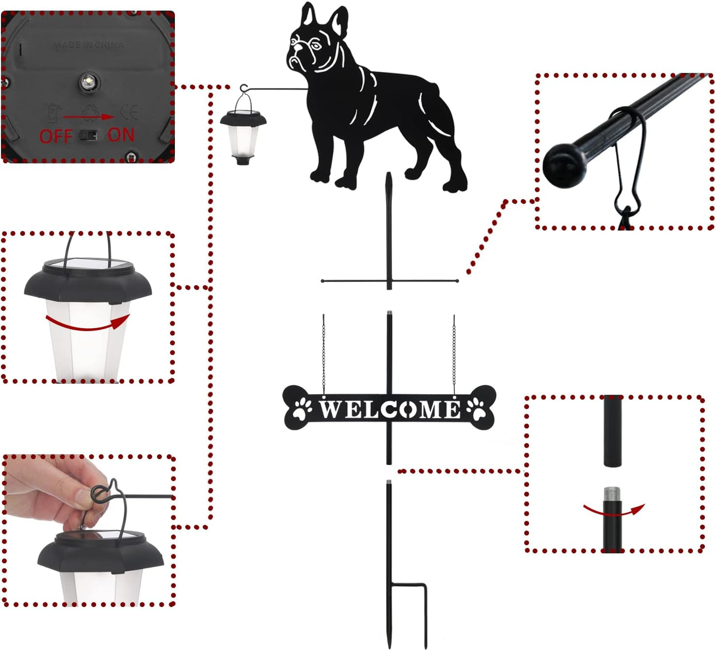 BAYN Solar French Bulldog Silhouette Dog Breed Welcome Sign with a Lantern Outdoor Decorative Garden Stakes for Yard, Lawn, Patio, Pathway