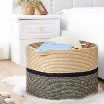 Ravinte Large Storage - 22"x 22"x 14" Blanket Basket for Living Room, Baby Toy Storage, Cotton Rope Woven Laundry Basket (Brown-Black-Light Black)